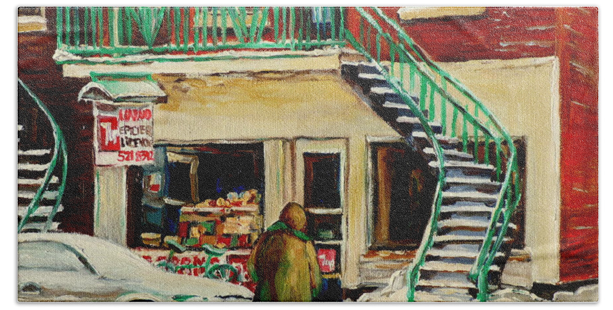Montreal Beach Towel featuring the painting Snowing At The Five And Dime by Carole Spandau