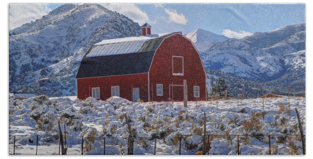 Utah Beach Sheet featuring the photograph Snowy Barn in the Mountains - Utah by Gary Whitton