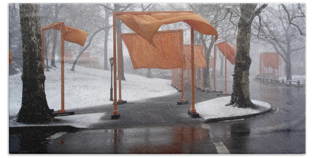 Orange Gates Beach Towel featuring the photograph Snowy Day In Central Park by Gerry High