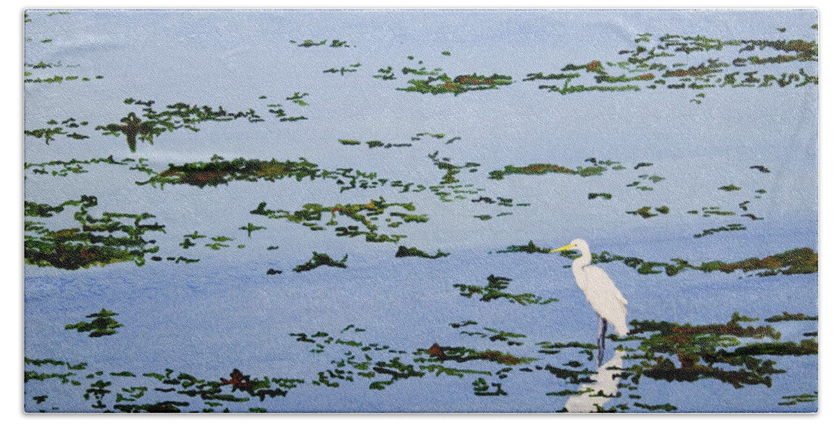 Egret Beach Sheet featuring the painting Snowy Egret by Mike Robles