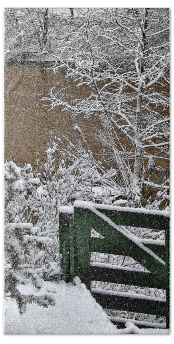  Beach Towel featuring the photograph Snowy River Gate by Matalyn Gardner