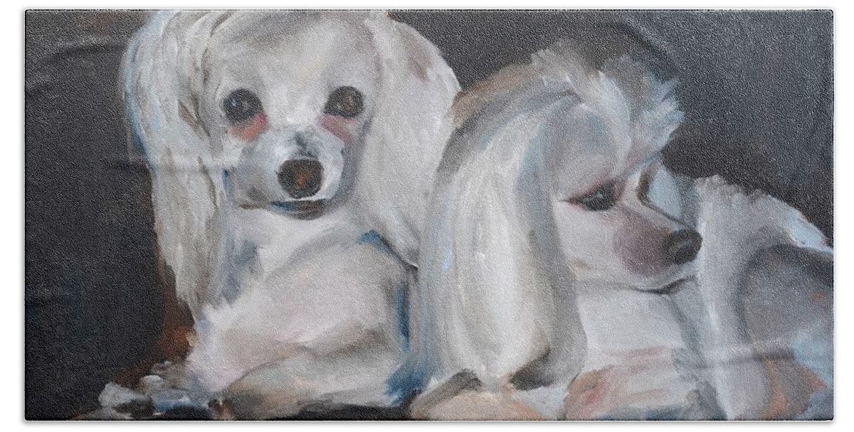 Maltese Beach Towel featuring the painting Snuggles and Sarge the Maltese by Donna Tuten