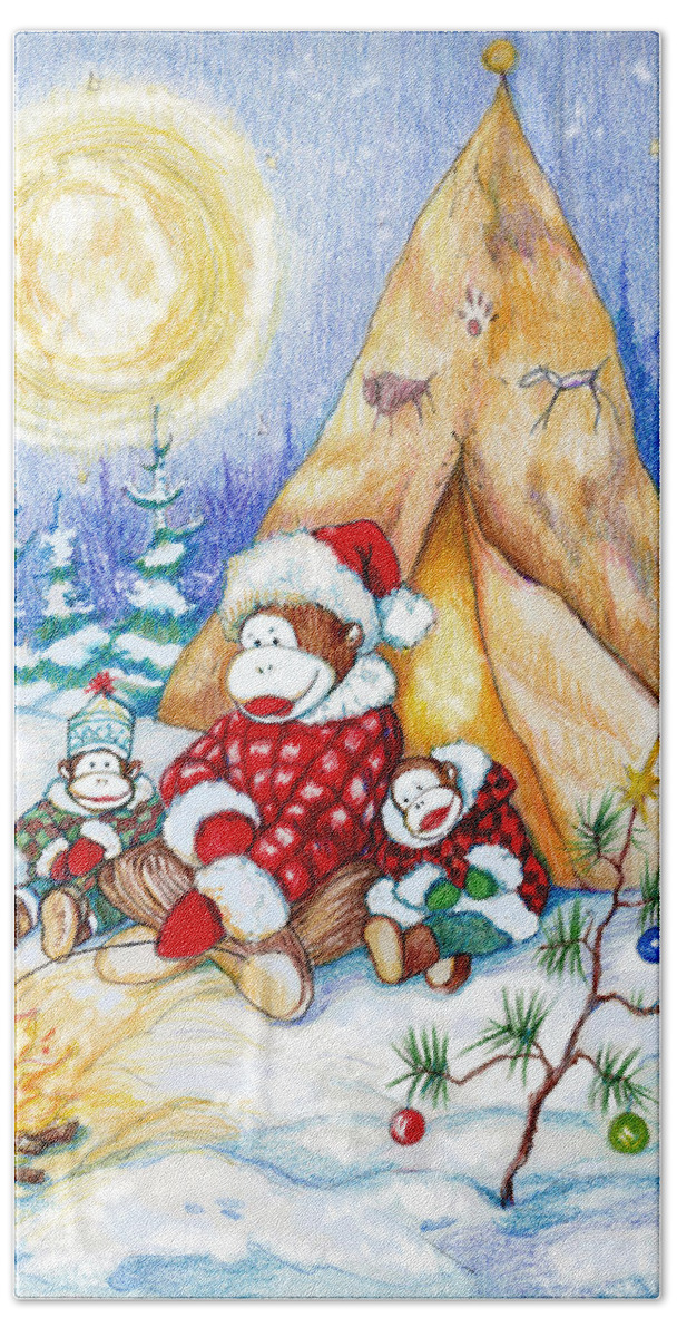 Sock Monkey Beach Towel featuring the painting Sock Monkey Family Christmas by Peggy Wilson