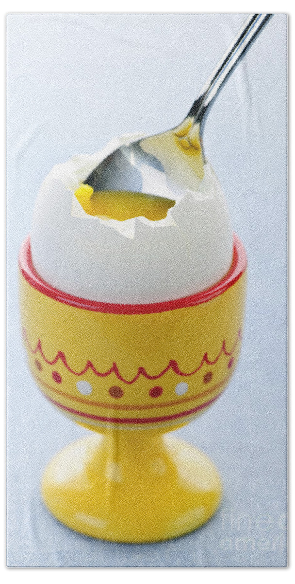 Egg Beach Towel featuring the photograph Soft boiled egg in cup by Elena Elisseeva