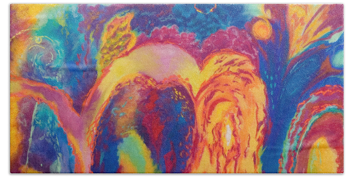 Abstract Colors Vivid Solar Sun Blue Fuchsia Yellow Orange Gold Red Purple Turquoise Carnival Beach Towel featuring the pastel Solar Flares by Brenda Salamone