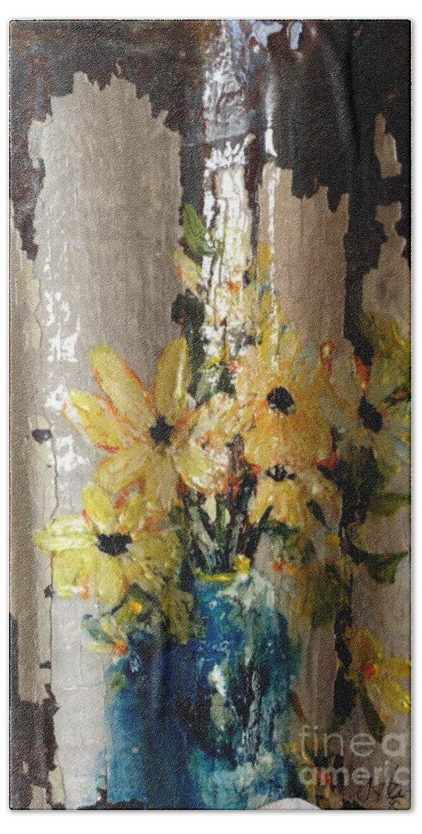 Sunflower Beach Towel featuring the painting Something Old and Something New by Sherry Harradence