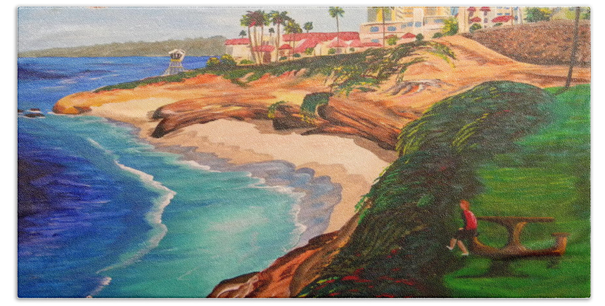 La Jolla Beach Towel featuring the painting South La Jolla with Sea Gull by Eric Johansen