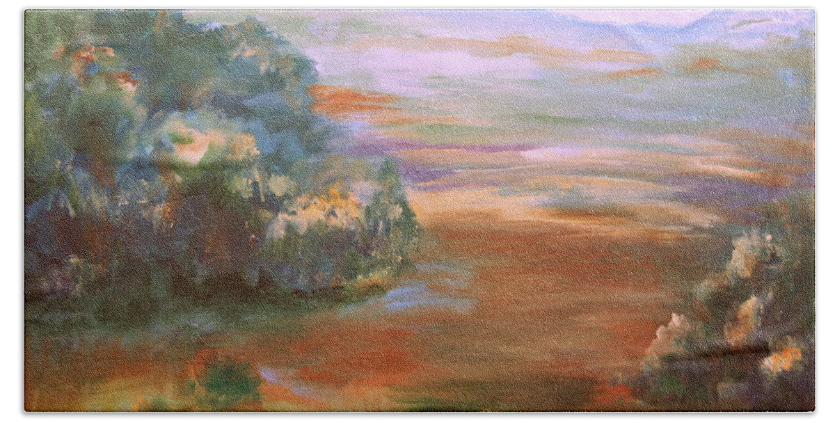 Fall Foggy Morning Beach Towel featuring the painting South Mountain second in the series by Julie Lueders 