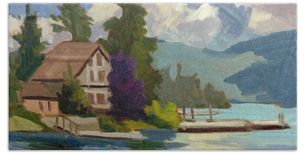 South Shore Beach Towel featuring the painting South Shore Big Bear Lake by Diane McClary