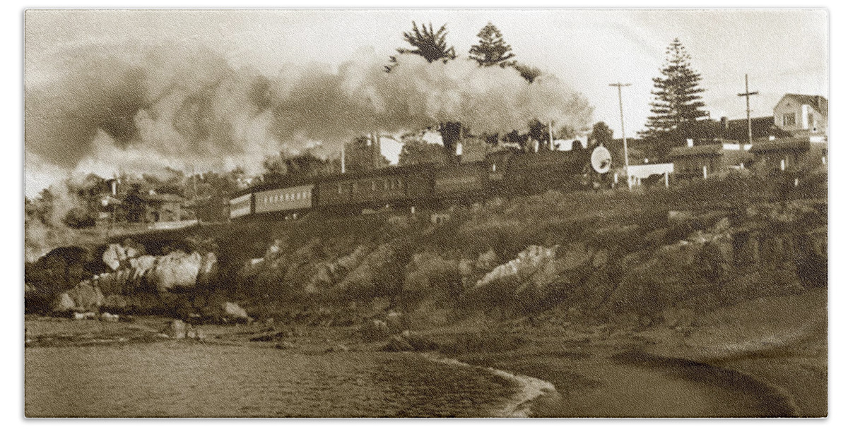 Southern Pacific Beach Sheet featuring the photograph Southern Pacific Del Monte Passenger train Pacific Grove circa 1954 by Monterey County Historical Society