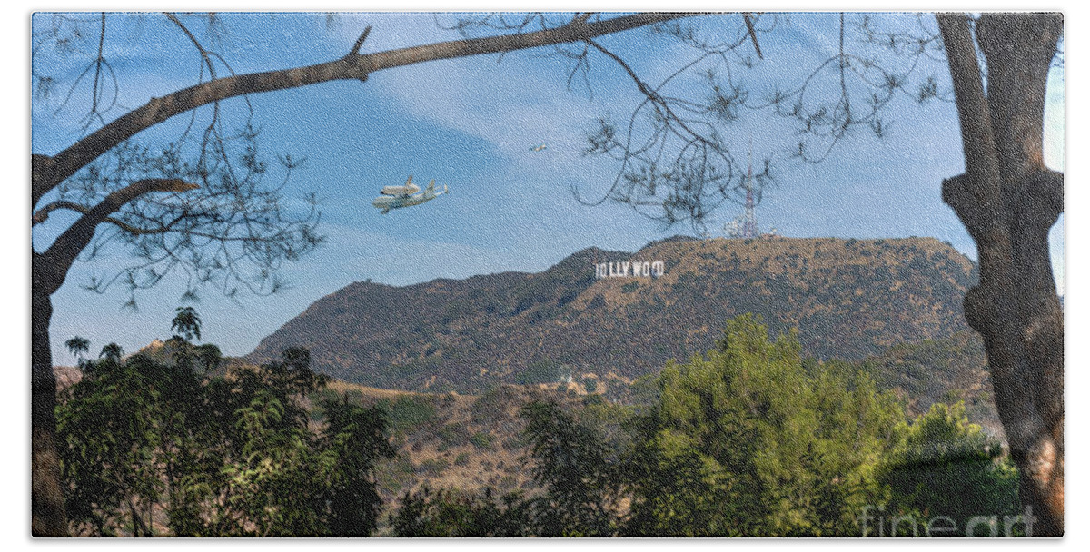 Space Shuttle Endeavour Over Los Angeles Ca Beach Towel featuring the photograph Space shuttle Endeavour over Hollywood Sign by David Zanzinger