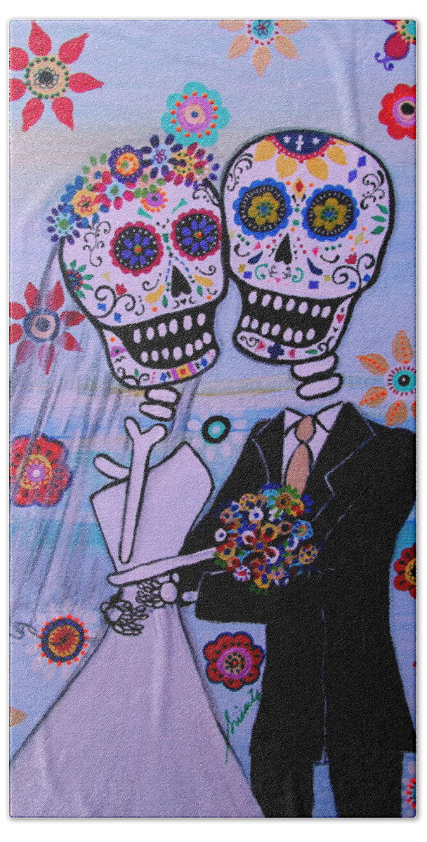 Day Of The Dead Beach Towel featuring the painting Special Day Dia De Los Muertos Wedding by Pristine Cartera Turkus