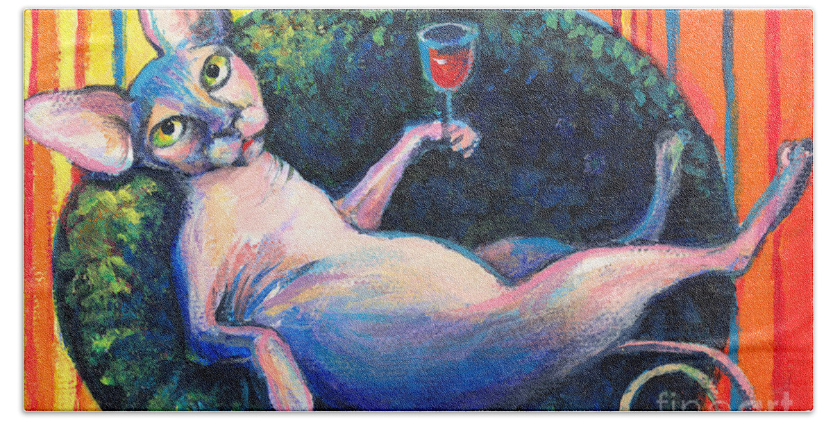 Sphynx Cat Beach Towel featuring the painting Sphynx cat relaxing by Svetlana Novikova