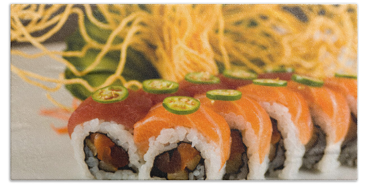 Asian Beach Towel featuring the photograph Spicy Tuna and Salmon Roll by Raul Rodriguez