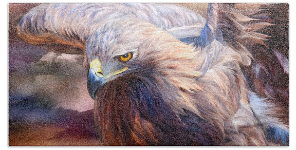 Eagle Beach Towel featuring the mixed media Spirit Of The Golden Eagle by Carol Cavalaris