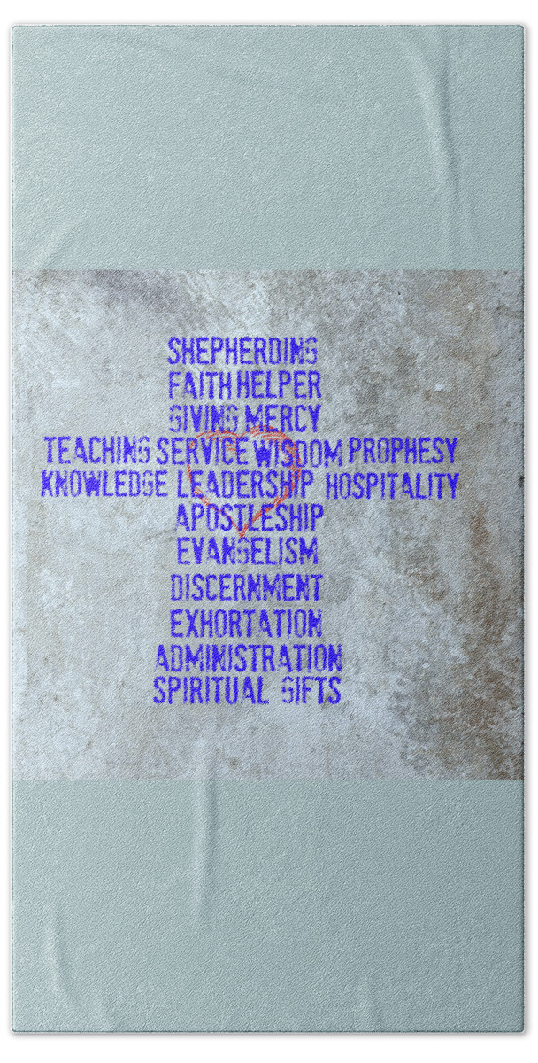 Typographic Art Beach Towel featuring the mixed media Spiritual Gifts #1 by Eric Liller