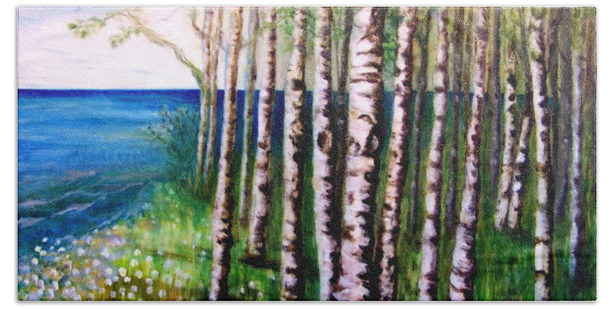 Oil Painting Beach Towel featuring the painting Spring Birch by Deb Stroh-Larson