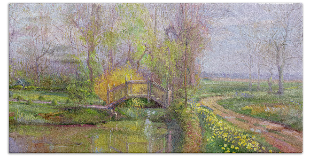 Path; Landscape; River; Countryside; Rural Beach Towel featuring the painting Spring Bridge by Timothy Easton