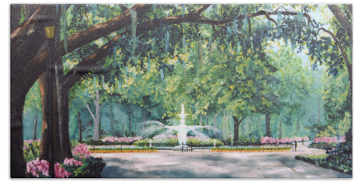 Savannah Beach Towel featuring the painting Spring In Forsythe Park by Stanton Allaben