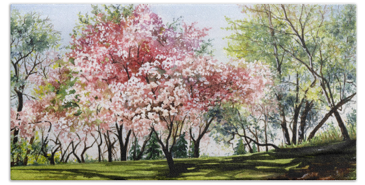 Watercolor Trees Beach Sheet featuring the painting Spring Morning by Barbara Jewell