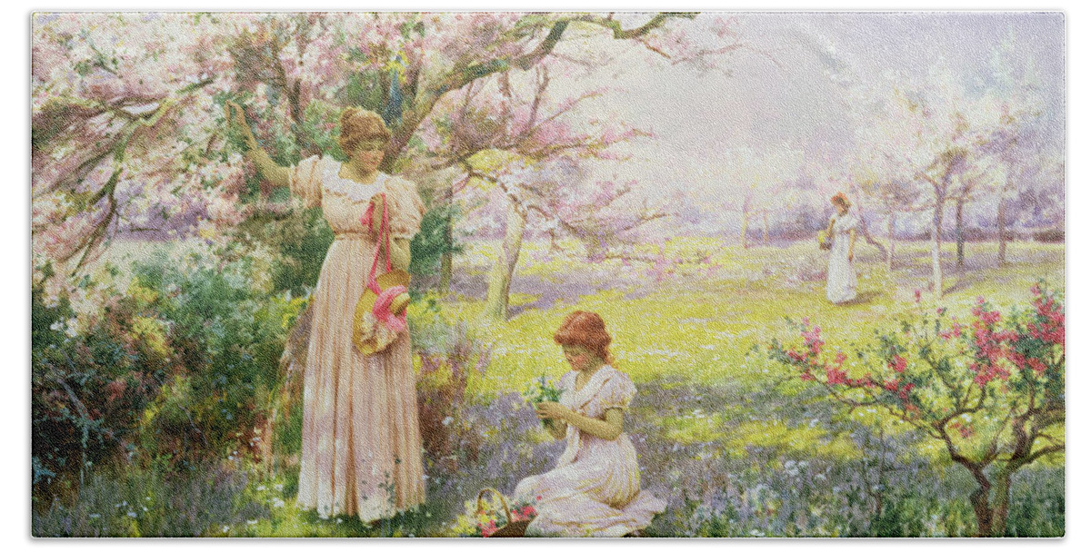 Spring: Picking Flowers Beach Towel featuring the painting Spring  Picking Flowers by Alfred Augustus I Glendenning