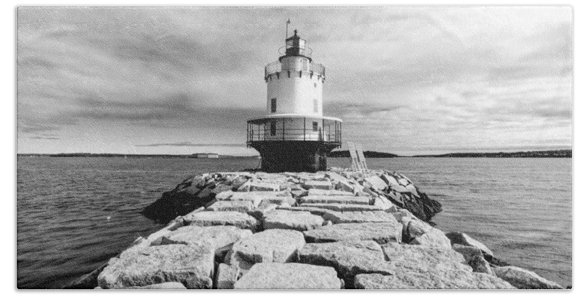 Spring Point Ledge Light Beach Towel featuring the photograph Spring Point Ledge Light in Black and White by Jenny Hudson