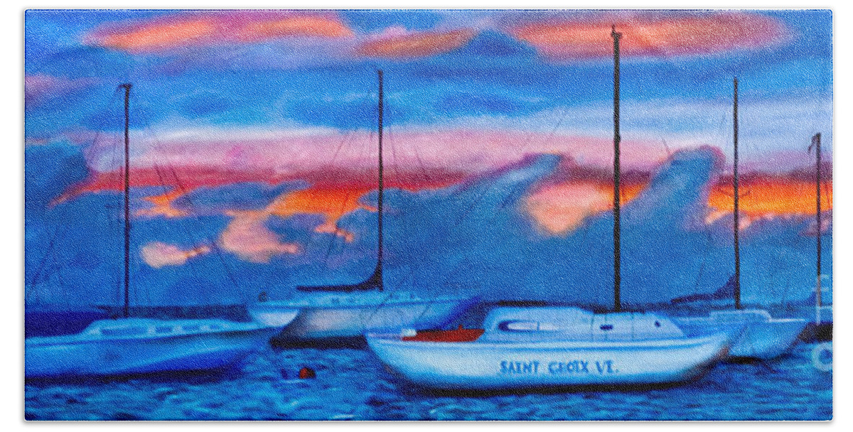 St Croix Beach Towel featuring the photograph St Croix Sailboats at sunset painted in oil by Iris Richardson