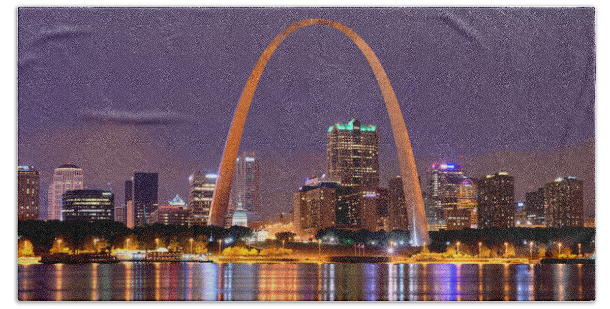St. Louis Skyline Beach Towel featuring the photograph St. Louis Skyline at Night Gateway Arch Color Panorama Missouri by Jon Holiday