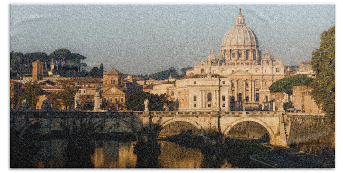 St Peter Beach Sheet featuring the digital art St Peter Morning Glow - Impressions Of Rome by Georgia Mizuleva