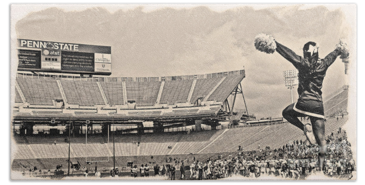 Penn State University Beach Towel featuring the photograph Stadium Cheer Black and White by Tom Gari Gallery-Three-Photography