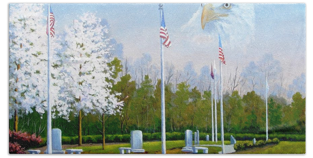 Landscape Beach Sheet featuring the painting Standing Guard over Veterans Park by Jerry Walker