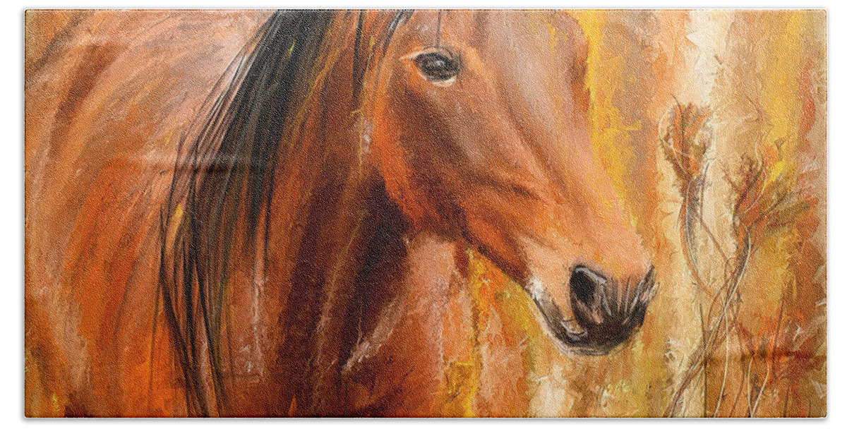 Bay Horse Paintings Beach Towel featuring the painting Standing Regally- Bay Horse Paintings by Lourry Legarde