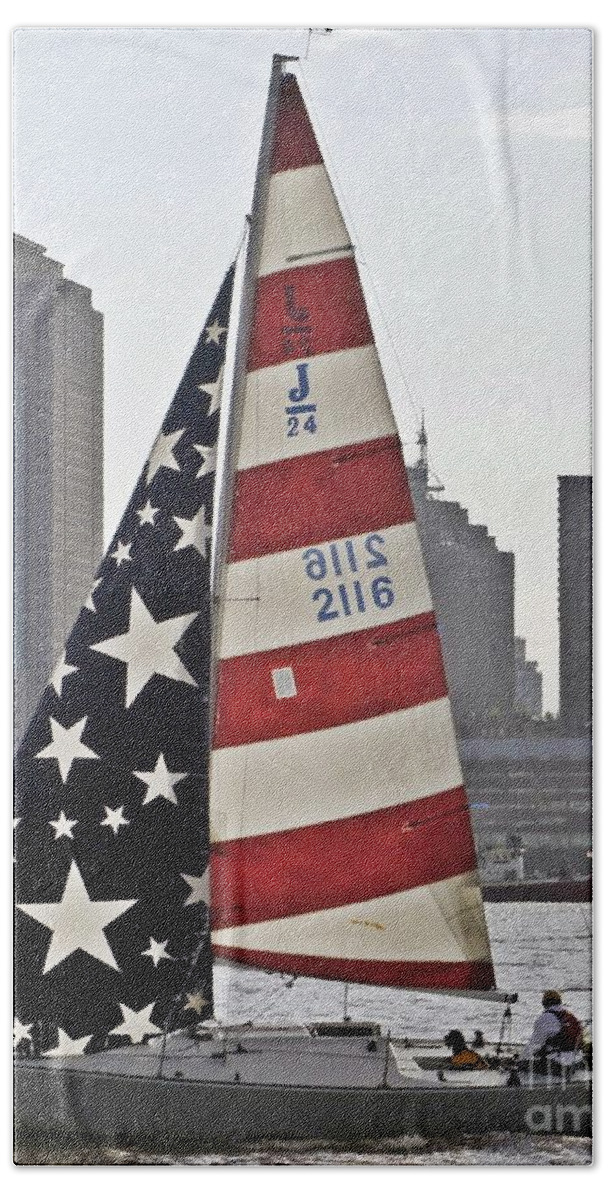 Sailboat Beach Towel featuring the photograph Star Spangled Sail by Lilliana Mendez