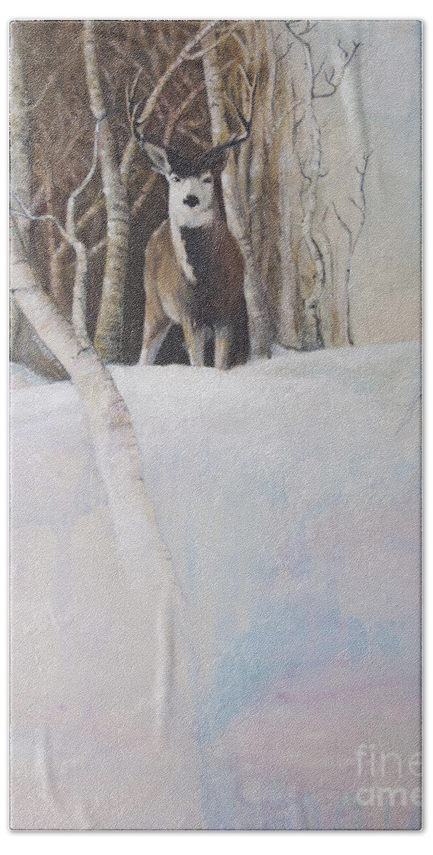 Mule Deer Beach Towel featuring the painting Startled Morning by Robert Corsetti