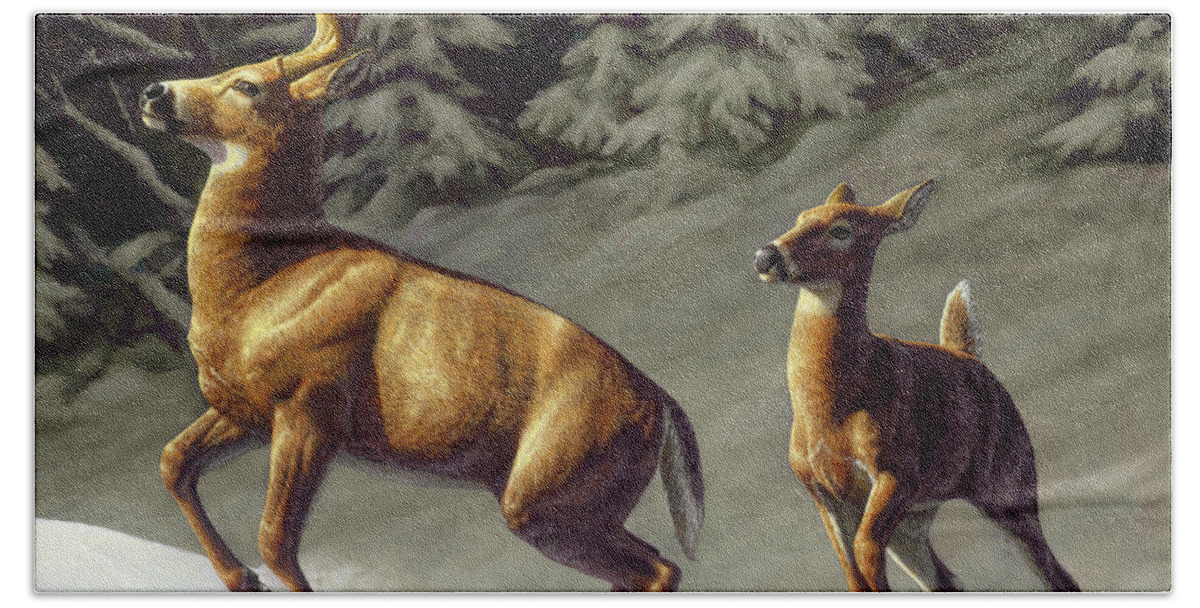 Deer Beach Towel featuring the painting Startled - variation by Crista Forest