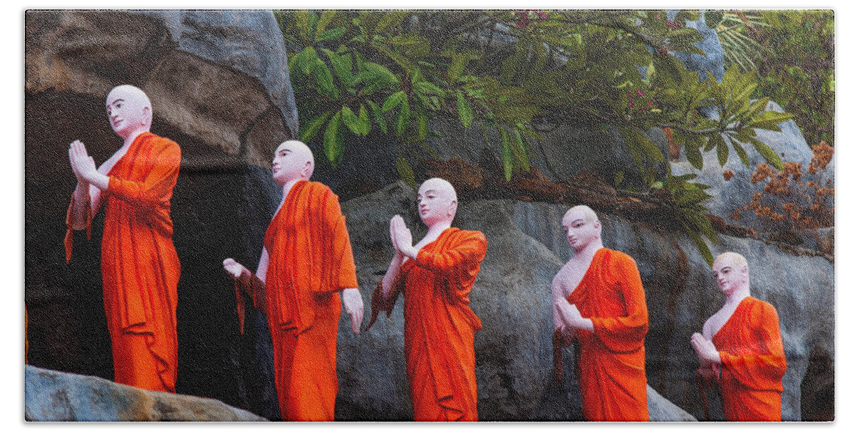 Sri Lanka Beach Towel featuring the photograph Statues of the Buddhist Monks at Golden Temple by Jenny Rainbow