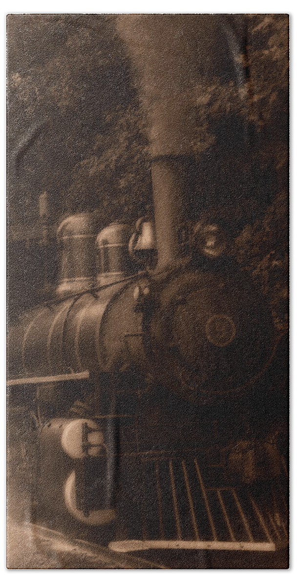 Steam Engine Train Beach Towel featuring the photograph Steam engine train sepia by Flees Photos