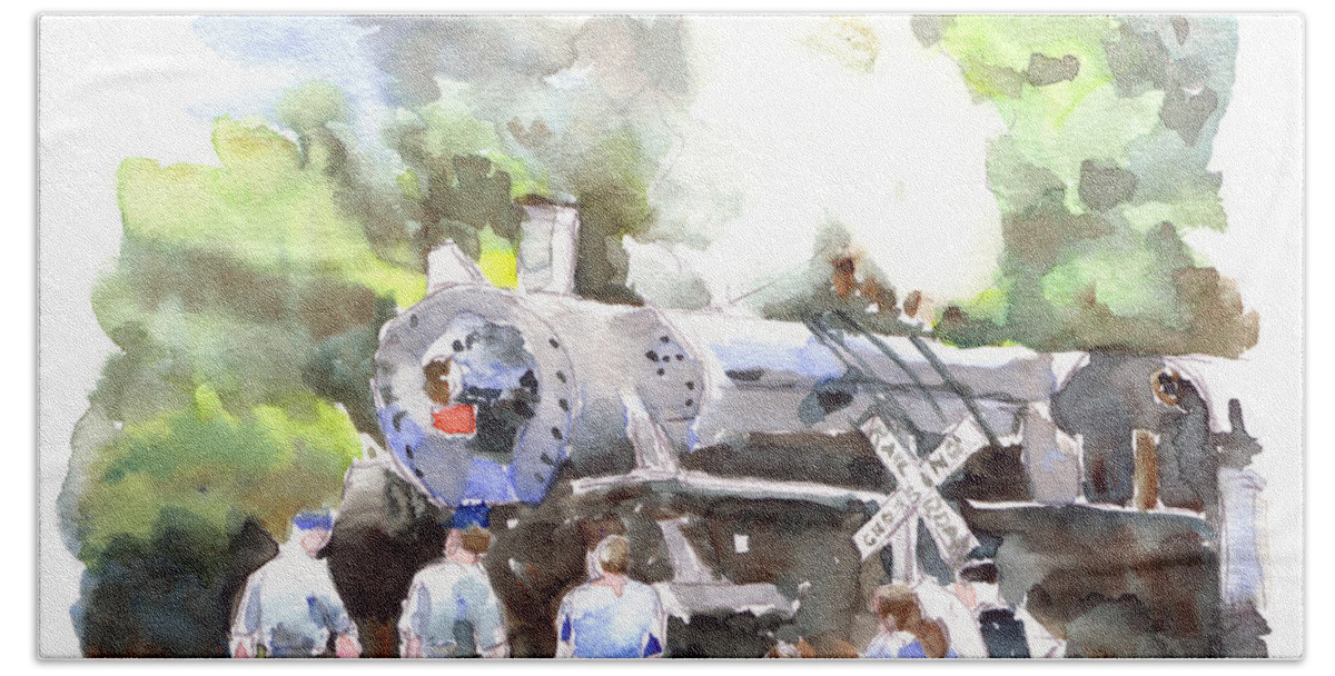 Steam Locomotive Beach Sheet featuring the painting Steam Locomotive by Claudia Hafner