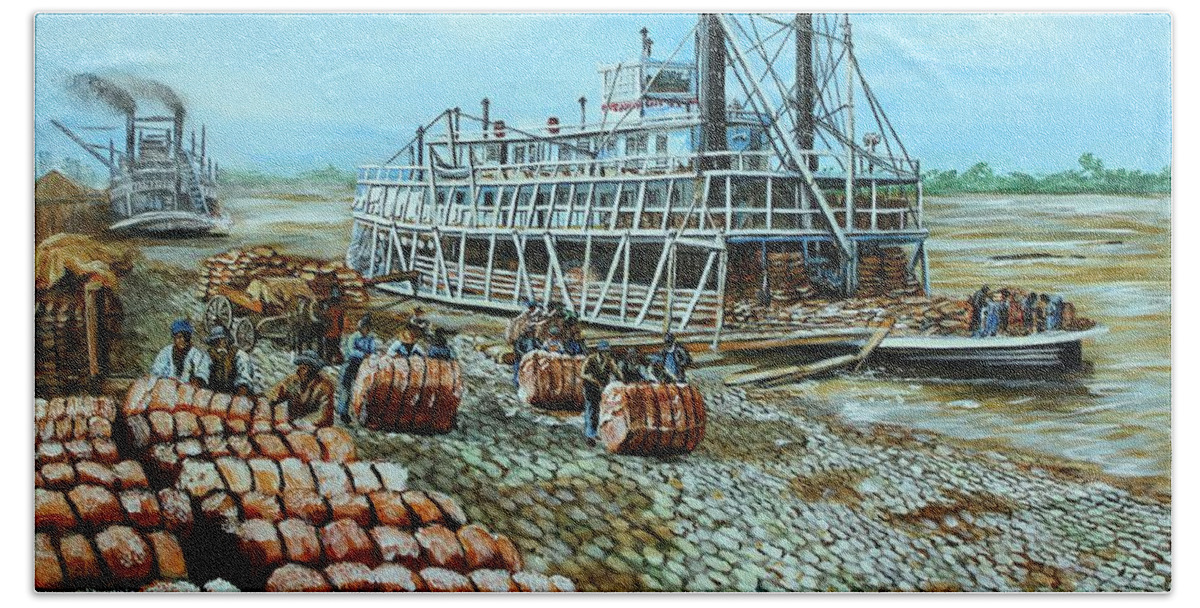 Steamboats Beach Towel featuring the painting Steamboat Unloading Cotton in Memphis by Karl Wagner