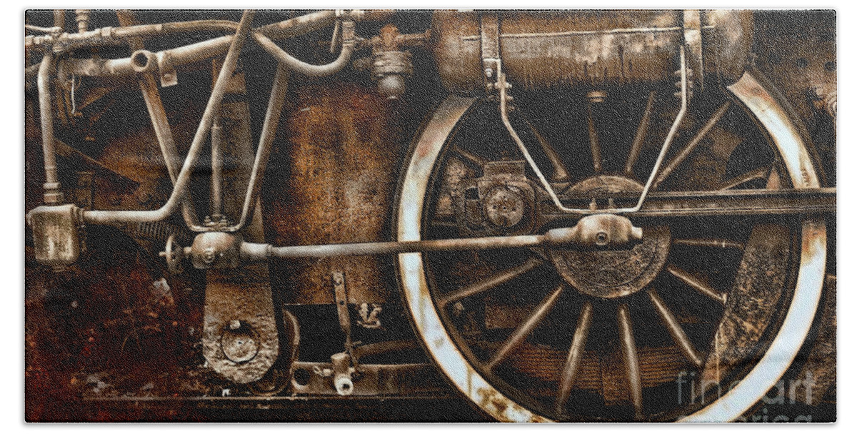 Wheels Beach Towel featuring the photograph Steampunk- Wheels of vintage steam train by Daliana Pacuraru
