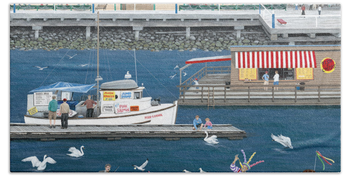 Folk Art Beach Towel featuring the painting Steveston Landing by Wilfrido Limvalencia
