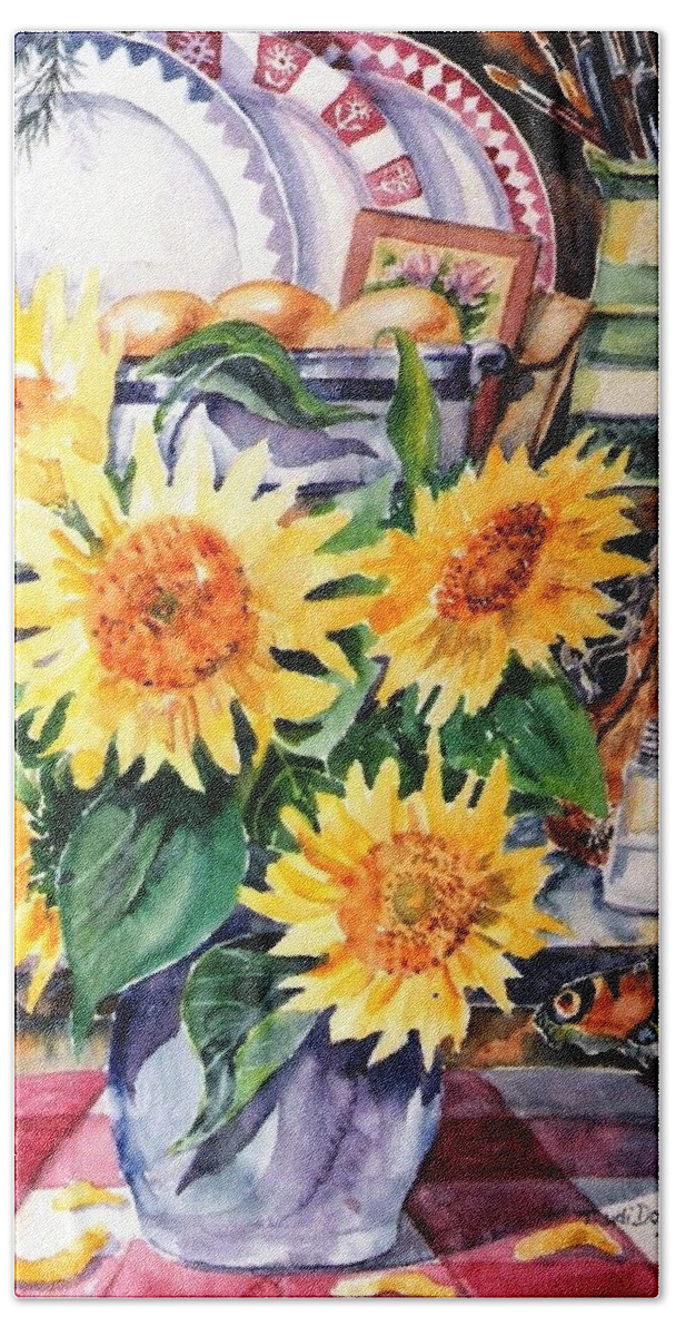 Sunflower Painting Beach Towel featuring the painting Still lIfe with Sunflowers by Trudi Doyle