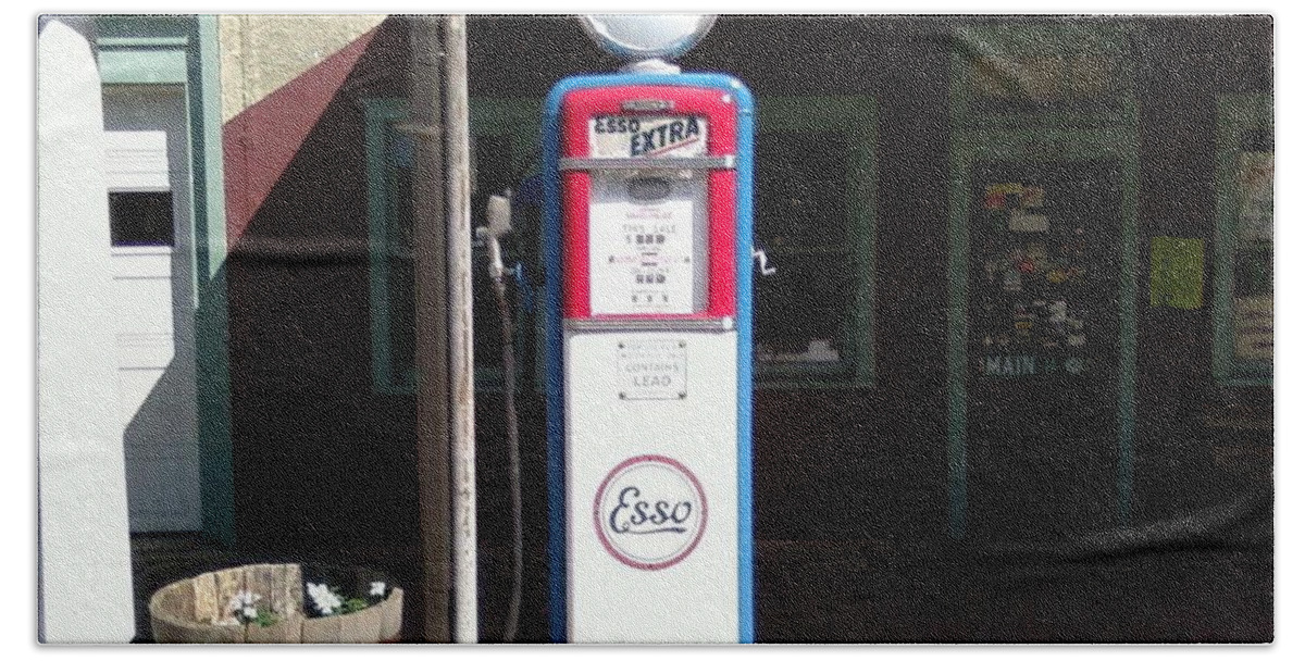 An Old Esso Gas Pump Still Stand In Front Of A General Store In Stillwater New Jersey Beach Sheet featuring the photograph Old Stillwater Garage and General Store New Jersey and Esso Gas Pump by Carol Wisniewski