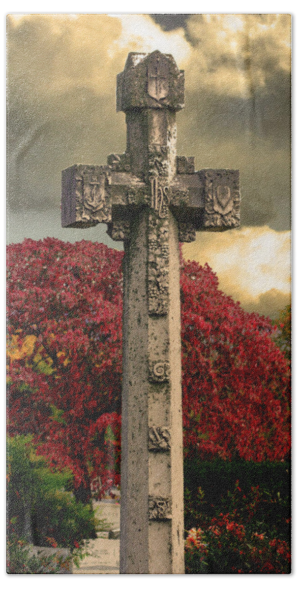 Cross Beach Towel featuring the photograph Stone Cross in Fall Garden by Lesa Fine