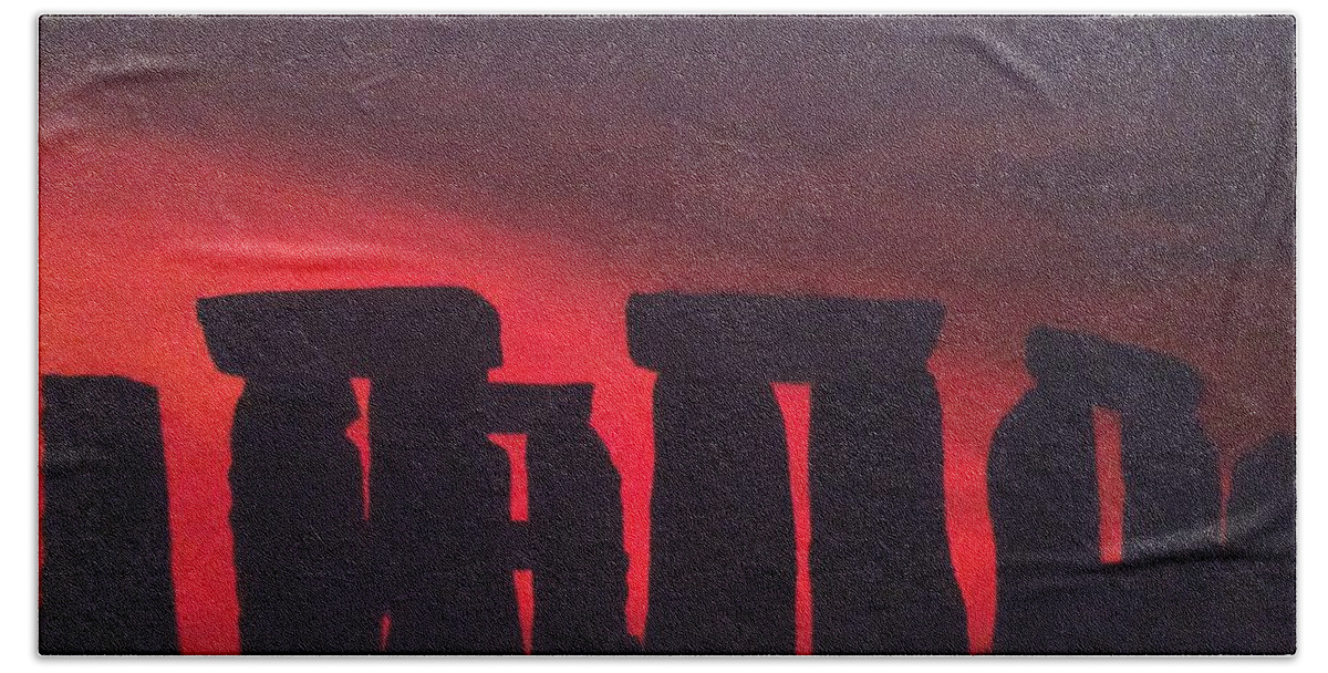 Stonehenge Beach Sheet featuring the painting Stonehenge At Dusk by Denise Railey