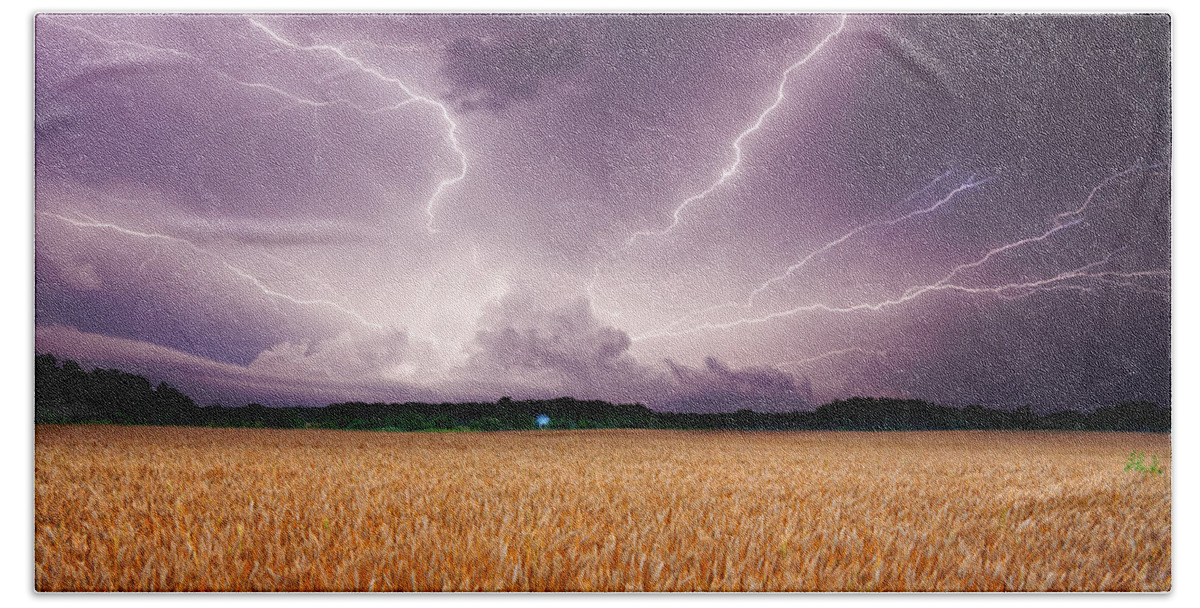 Lightning Beach Towel featuring the photograph Storm over wheat by Alexey Stiop