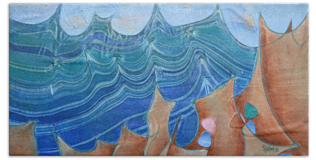 Seascape Beach Towel featuring the painting Stormy Cliffs by Lynellen Nielsen