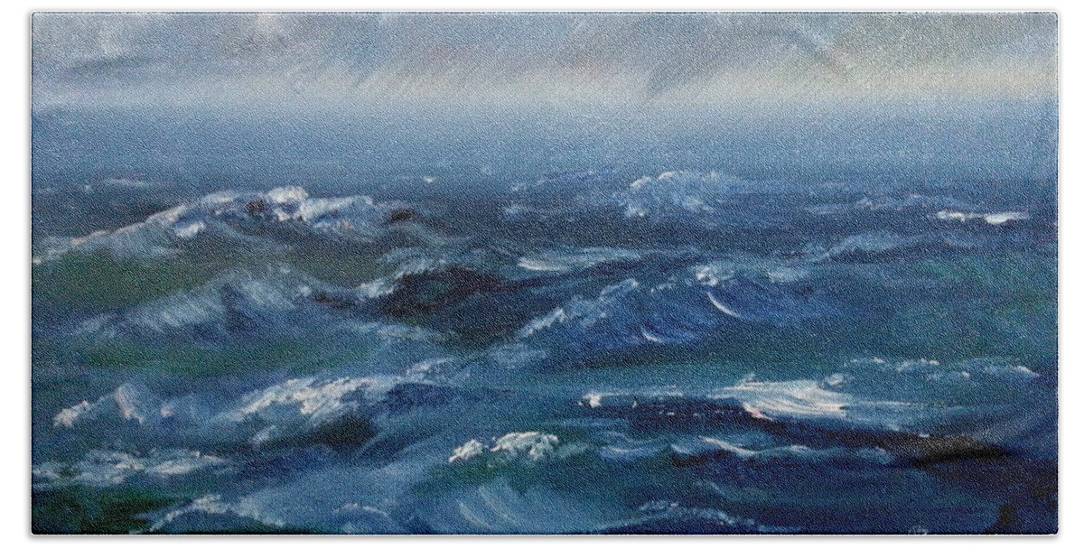 Ocean Storm Waves Cloudy Rain Tempest Sea Choppy Beach Sheet featuring the painting Stormy Monday by Brenda Salamone
