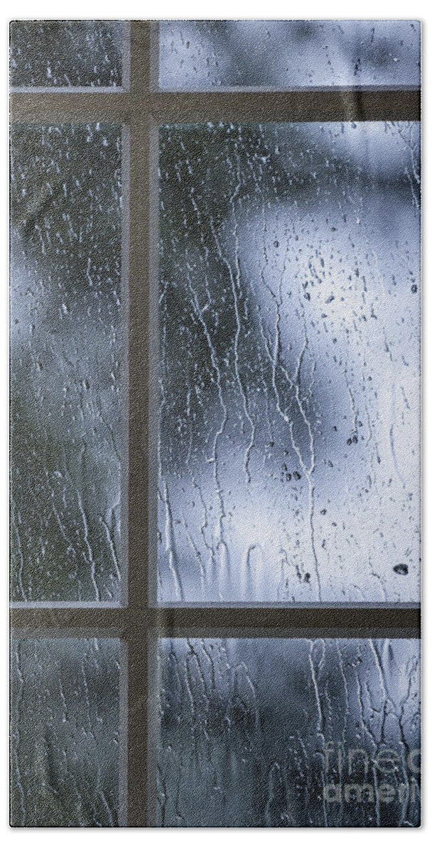 Window; Mullions; Paint; Painted; Rural; Trees; Country; Green; Blue; Teal; Rain; Raining; Rainy; Architecture; View; Protection; Dark; Darkness; Mysterious; Mystery; Crime; Thriller; Foreboding; Shadows; Serene; Inside; Indoors; Safe; Safety; Storm; Stormy; Storming; Pane; Multiple Beach Towel featuring the photograph Stormy Night by Margie Hurwich