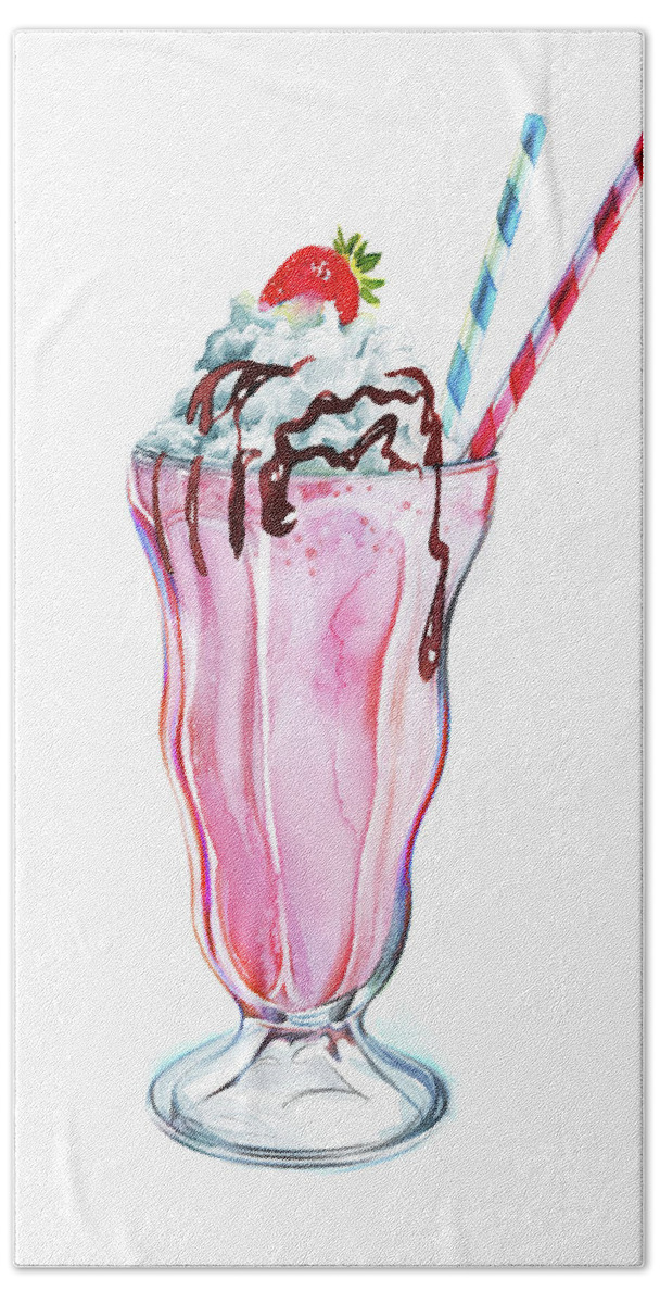 Chocolate Icing Beach Towel featuring the painting Strawberry Milkshake With Whipped Cream by Ikon Ikon Images